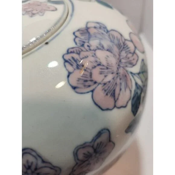 Vtg Chinese Ginger/Temple Jar Temple with Lid Pink Florals Green Leaves on White
